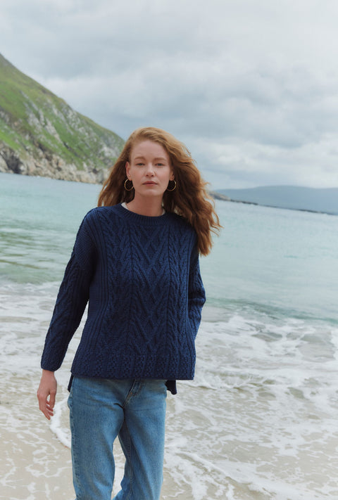 Tully Box Supersoft Merino Aran Sweater - Navy